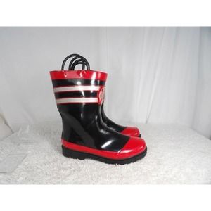 Steel Shank Unisex Kids Black Red Fire Department Rain Boots Size Large 13/1